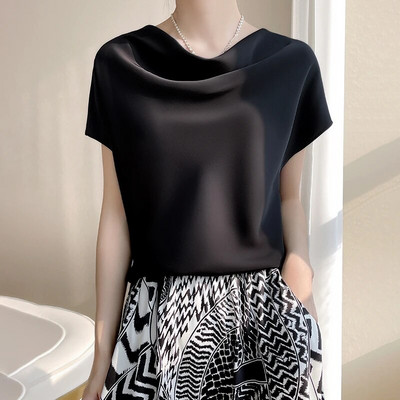 Tricouri din mătase pentru femei, vară, cu gâtul turn, cu mâneci scurte, ocazional, cu fundul uni, tricou largi Topuri pentru femeie Pulover Haine 5XL