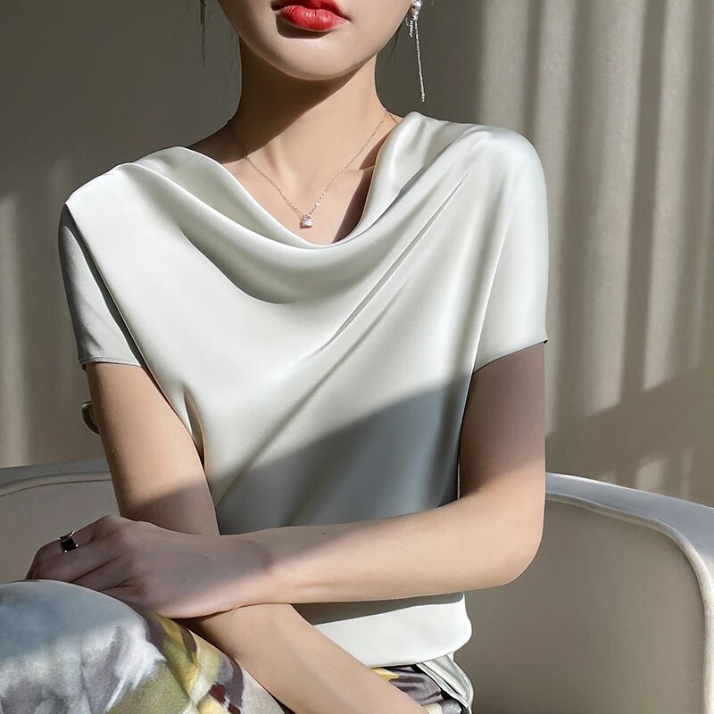 Tricouri din mătase pentru femei, vară, cu gâtul turn, cu mâneci scurte, ocazional, cu fundul uni, tricou largi Topuri pentru femeie Pulover Haine 5XL