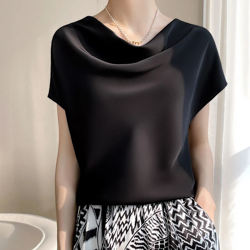 Tricouri din mătase pentru femei, vară, cu gâtul turn, cu mâneci scurte, ocazional, cu fundul uni, tricou largi Topuri pentru femeie Pulover Haine 5XL