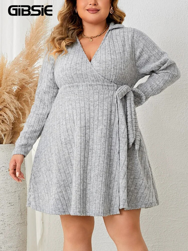 GIBSIE didelio dydžio Polo V kaklo apvyniojama mini suknelė pavasario rudens laisvalaikio ilgomis rankovėmis briaunotomis megztomis vientisos A linijos suknelės, moteriškos 2023 m.