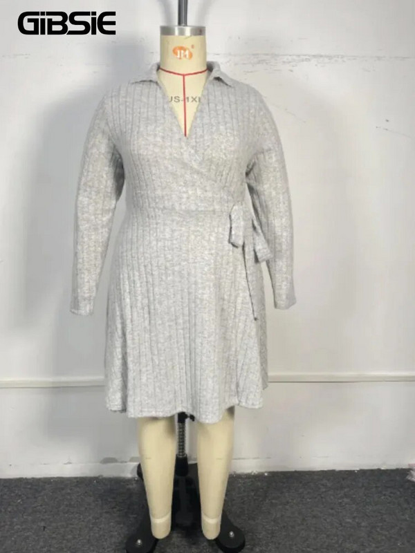 GIBSIE didelio dydžio Polo V kaklo apvyniojama mini suknelė pavasario rudens laisvalaikio ilgomis rankovėmis briaunotomis megztomis vientisos A linijos suknelės, moteriškos 2023 m.