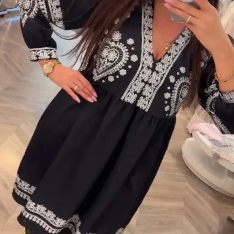 Μαύρο φαρδύ φόρεμα 3XL μακρυμάνικο Boho ρετρό αφρικανικό vintage casual φόρεμα 2024 Νέα Ρούχα Δωρεάν αποστολή 30