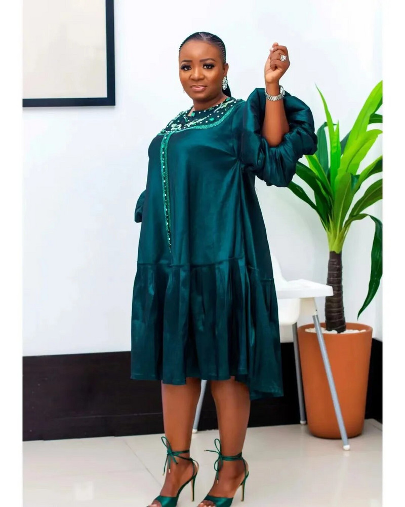 Dámske letné elegantné korálkové spoločenské šaty s okrúhlym výstrihom a rozšírenými rukávmi, skladané košeľové šaty pre ženy