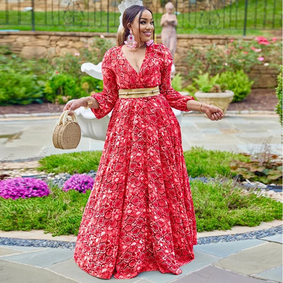 CM.YAYA Κομψό Γυναικείο Μεγάλο Μέγεθος Σέξι Φορέματα χορού για πάρτι με βαθύ λαιμόκοψη V ψηλή μέση Μεγάλη κούνια στο πάτωμα