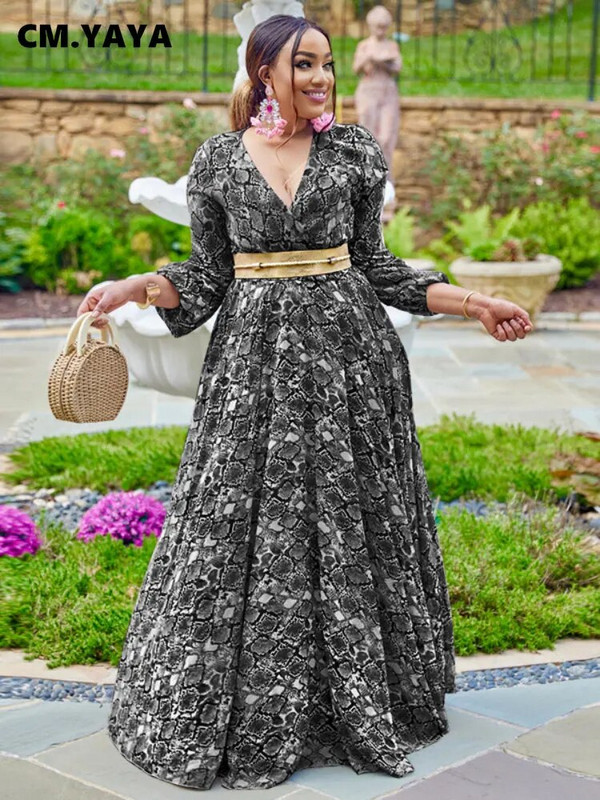 CM.YAYA Κομψό Γυναικείο Μεγάλο Μέγεθος Σέξι Φορέματα χορού για πάρτι με βαθύ λαιμόκοψη V ψηλή μέση Μεγάλη κούνια στο πάτωμα