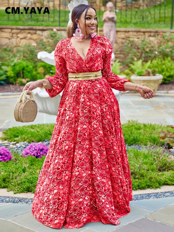 CM.YAYA Κομψό Γυναικείο Μεγάλο Μέγεθος Σέξι Φορέματα χορού για πάρτι με βαθύ λαιμόκοψη V ψηλή μέση Μεγάλη κούνια στο πάτωμα