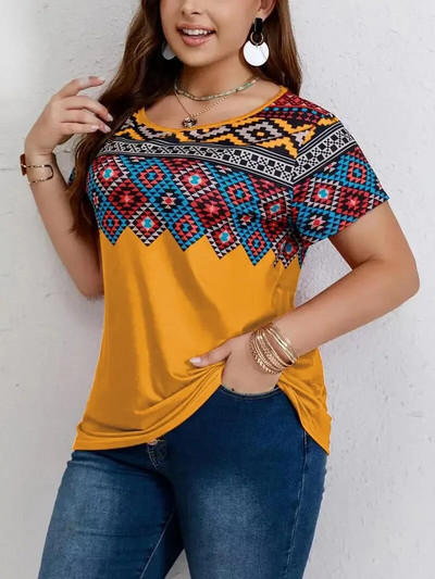 Női póló Nagy méretű felsők Divatos ruhák Női plusz Southwestern mintás alkalmi pólók kerek nyakú rövid ujjú póló