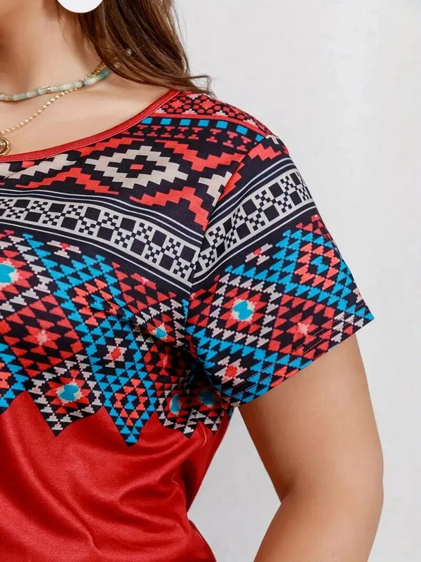 Női póló Nagy méretű felsők Divatos ruhák Női plusz Southwestern mintás alkalmi pólók kerek nyakú rövid ujjú póló