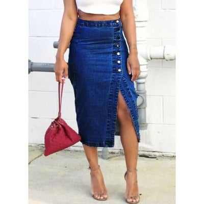 Plus veličina S-5XL Ženska traper suknja Proljeće Ljeto Jesen Moda Ležerna Elegantna Jean Midi suknja visokog struka s podijeljenim gumbima