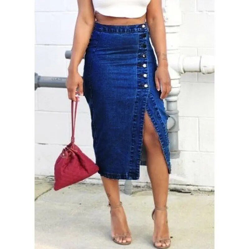 Plus veličina S-5XL Ženska traper suknja Proljeće Ljeto Jesen Moda Ležerna Elegantna Jean Midi suknja visokog struka s podijeljenim gumbima