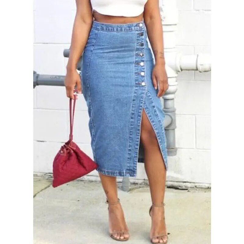 Plus veličina S-5XL Ženska traper suknja Proljeće Ljeto Jesen Moda Ležerna Elegantna Jean Midi suknja visokog struka s podijeljenim gumbima