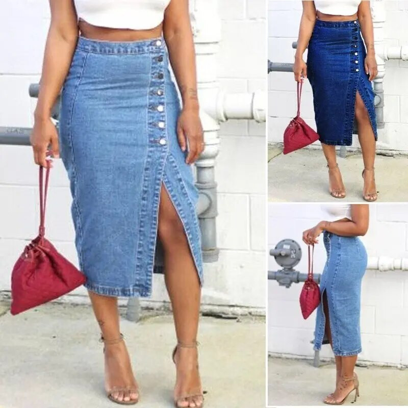 Plus veličina S-5XL Ženska traper suknja Proljeće Ljeto Jesen Moda Ležerna Elegantna Jean Midi suknja visokog struka s podijeljenim gumbima