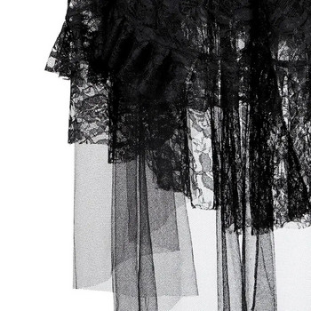 Γυναικεία σέξι δαντέλα πλισέ φούστα Steampunk Ασύμμετρη μακριές φούστες τούλι με ψηλό βολάν Μαύρη συν μέγεθος S-6XL
