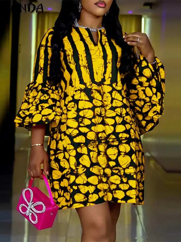 Plus veličina 5XL VONDA boemska mini haljina, ženska ljetna kratka haljina s cvjetnim uzorkom, širokih rukava s V-izrezom, ležerna široka ženska haljina