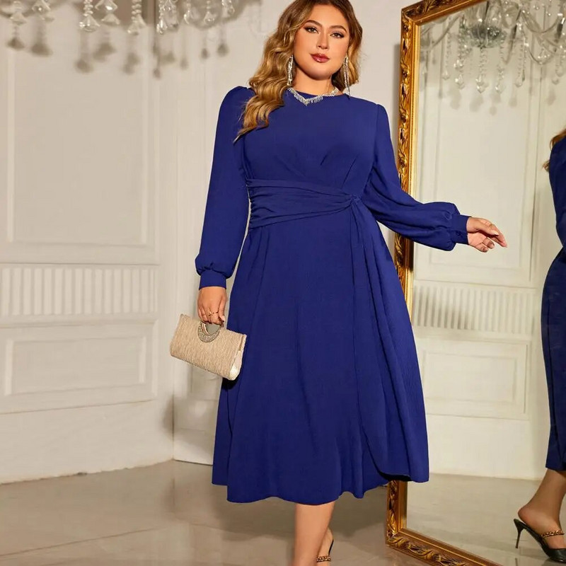 Γυναικείο φόρεμα με στρογγυλή λαιμόκοψη με κορδόνι Στενό ψηλόμεσο μακρυά φουσκωτά μανίκια Μήκος στη μέση της γάμπας μονόχρωμο Fall Spring Prom Party C