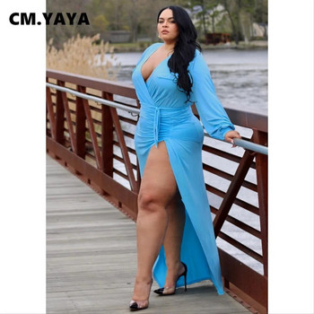 CM.YAYA Γυναικείο Φόρεμα Plus Size Solid Επίδεσμος με σχιστό ελαστικό Vestidos ντεκολτέ Σέξι νυχτερινά φορέματα για πάρτι Μόδα Φθινοπωρινά