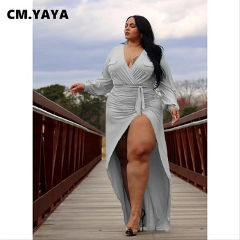CM.YAYA Γυναικείο Φόρεμα Plus Size Solid Επίδεσμος με σχιστό ελαστικό Vestidos ντεκολτέ Σέξι νυχτερινά φορέματα για πάρτι Μόδα Φθινοπωρινά