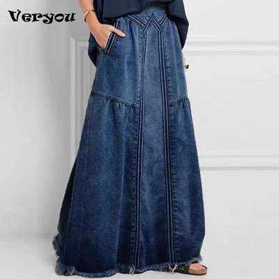 Дамска дънкова пола Дълга разтегателна ретро широка прилепнала синя клубна памучна секси поли Harajuku Плюс размер