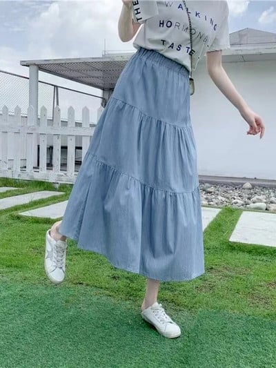 Καλοκαιρινή Saia Γυναικεία A-Line μακριά τζιν φούστα Τσέπες Γυναικείες ψηλόμεσες τζιν φούστες μίντι σκούρο μπλε, ανοιχτό μπλε φούστα