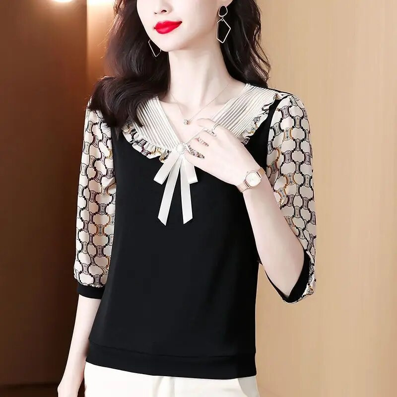 Nova ljetna šifonska čipkana patchwork bluza s V izrezom i mašnom s 3/4 rukavima Široke gornje majice s elegantnim temperamentom Ženska odjeća