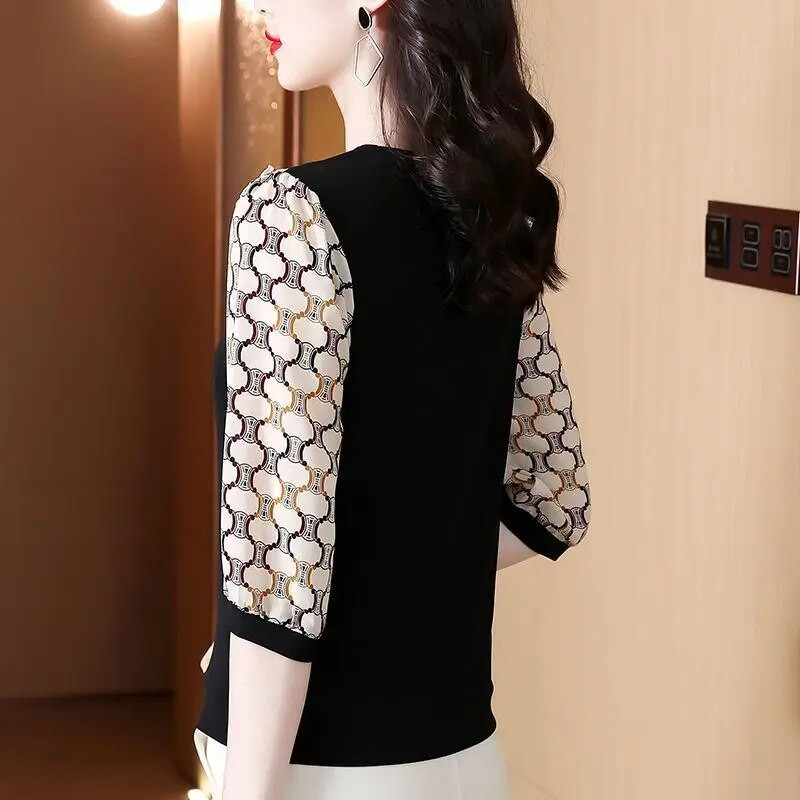 Nova ljetna šifonska čipkana patchwork bluza s V izrezom i mašnom s 3/4 rukavima Široke gornje majice s elegantnim temperamentom Ženska odjeća