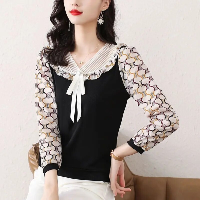Nova ljetna šifonska čipkana patchwork bluza s V izrezom i mašnom s 3/4 rukavima Široke gornje majice s elegantnim temperamentom Ženska odjeća