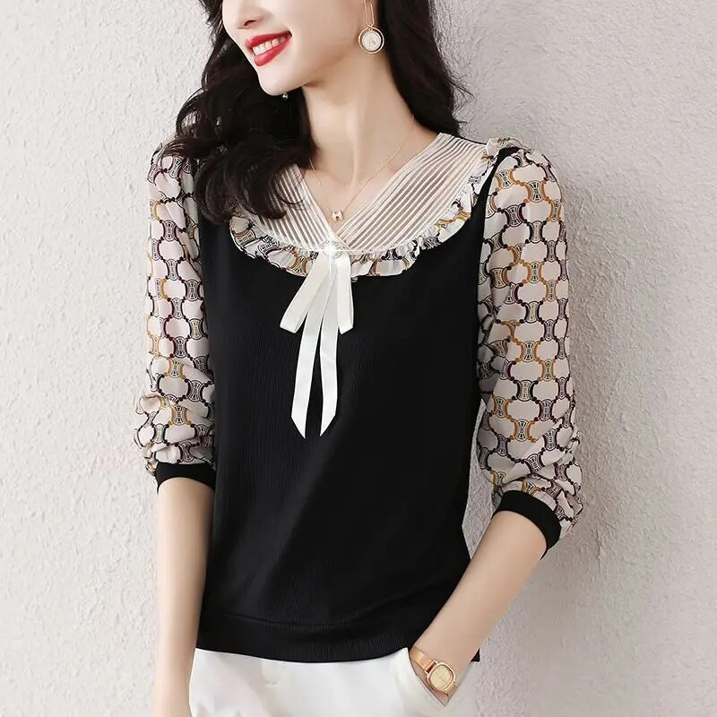 Nova ljetna šifonska čipkana patchwork bluza s V izrezom i mašnom s 3/4 rukavima Široke gornje majice s elegantnim temperamentom Ženska odjeća