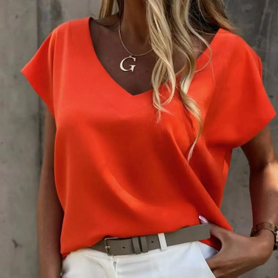 Tricou de zi cu zi de culoare solidă pentru femei Tricou nou cu mânecă scurtă cu decolteu în V Moda de vară Îmbrăcăminte de stradă Tricou pentru fete Camisa