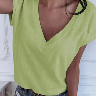Tricou de zi cu zi de culoare solidă pentru femei Tricou nou cu mânecă scurtă cu decolteu în V Moda de vară Îmbrăcăminte de stradă Tricou pentru fete Camisa