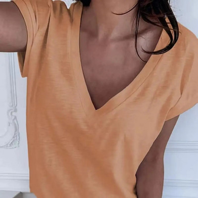 Tricou de zi cu zi de culoare solidă pentru femei Tricou nou cu mânecă scurtă cu decolteu în V Moda de vară Îmbrăcăminte de stradă Tricou pentru fete Camisa