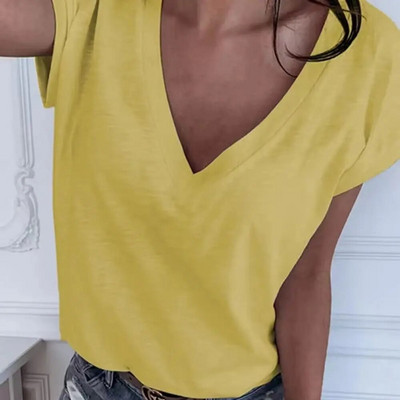 Tricou de zi cu zi de culoare solidă pentru femei Tricou nou cu mânecă scurtă cu decolteu în V Moda de vară Îmbrăcăminte de stradă Tricou pentru fete Camisa