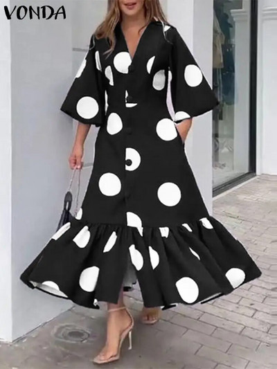 Γυναικείο μακρυμάνικο μάξι γυναικείο φόρεμα VONDA, με στάμπα με κουκκίδα, με λαιμόκοψη V με λαιμόκοψη, χαλαρά κουμπιά με βολάν Vestidos