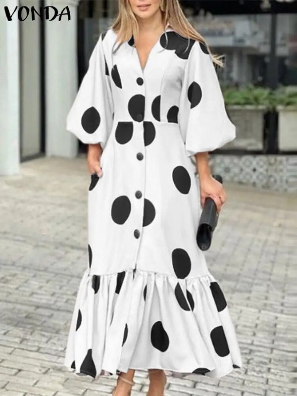 Γυναικείο μακρυμάνικο μάξι γυναικείο φόρεμα VONDA, με στάμπα με κουκκίδα, με λαιμόκοψη V με λαιμόκοψη, χαλαρά κουμπιά με βολάν Vestidos
