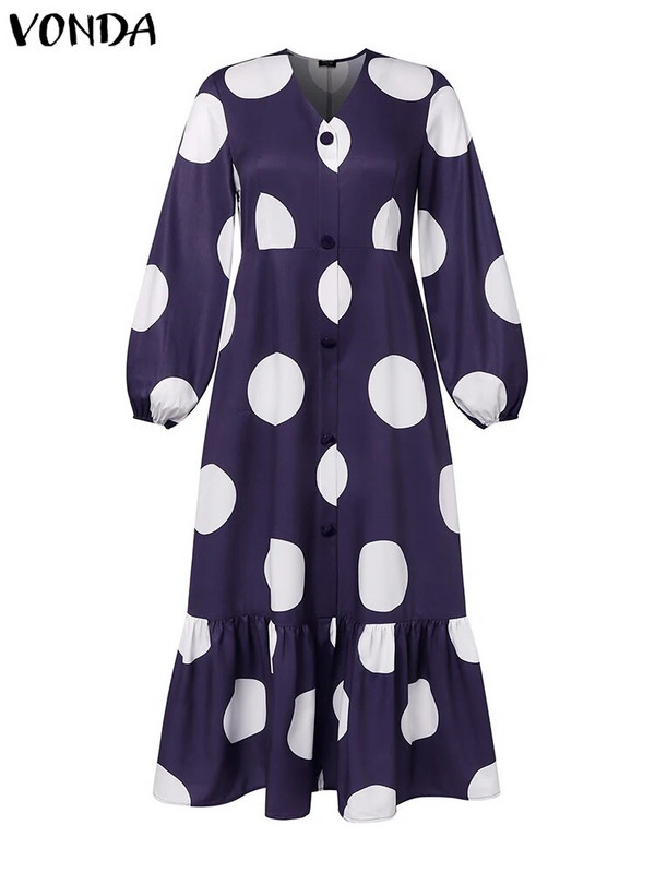 Γυναικείο μακρυμάνικο μάξι γυναικείο φόρεμα VONDA, με στάμπα με κουκκίδα, με λαιμόκοψη V με λαιμόκοψη, χαλαρά κουμπιά με βολάν Vestidos