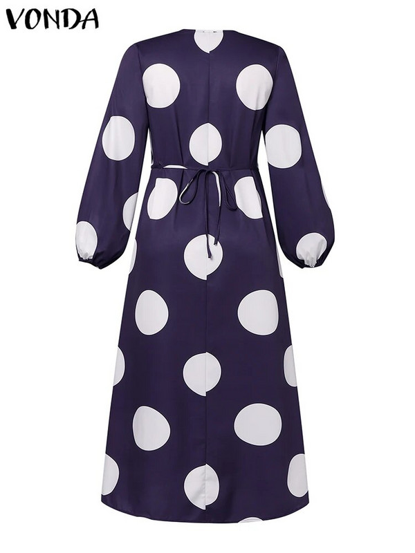 Γυναικείο μακρυμάνικο μάξι γυναικείο φόρεμα VONDA, με στάμπα με κουκκίδα, με λαιμόκοψη V με λαιμόκοψη, χαλαρά κουμπιά με βολάν Vestidos