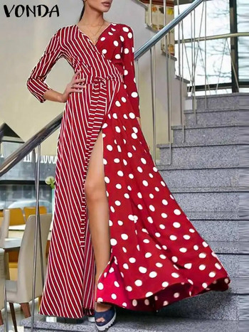 Γυναικείο μάξι πουά φόρεμα VONDA 2024 Βοημίας με ριγέ V λαιμόκοψη με στάμπα μακρύ ρούχο για πάρτι με 3/4 μανίκια