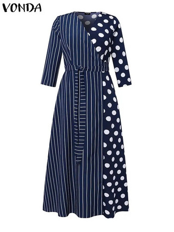 Γυναικείο μάξι πουά φόρεμα VONDA 2024 Βοημίας με ριγέ V λαιμόκοψη με στάμπα μακρύ ρούχο για πάρτι με 3/4 μανίκια