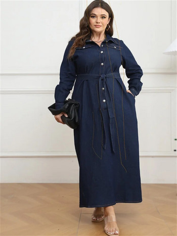 Wmstar Plus Size Τζιν Φορέματα για Γυναικεία Κουμπιά Μακριά Μακριά Μόδα Κομψό Maxi Φόρεμα Φθινοπωρινά Χειμερινά Ρούχα Χονδρική Dropshipping