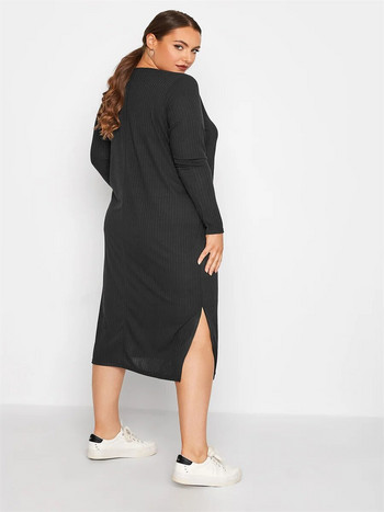 Плюс размер Елегантна есенна рипсена плетена миди рокля Дамска черна права рокля с дълъг ръкав Дамска ежедневна рокля с голям размер 4XL 5XL