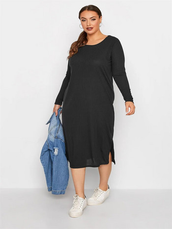 Plus Size Κομψό φθινοπωρινό ριμπ πλεκτό μίντι φόρεμα Γυναικείο μαύρο μακρυμάνικο ίσιο φόρεμα Γυναικείο μεγάλο μέγεθος casual φόρεμα 4XL 5XL
