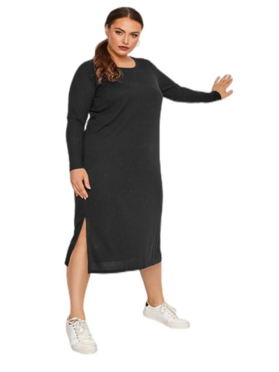 Dámske elegantné midi šaty s dlhým rukávom, veľké veľkosti, jesenné, pletené, čierne, s dlhým rukávom, rovné, veľkosť 4XL/5XL