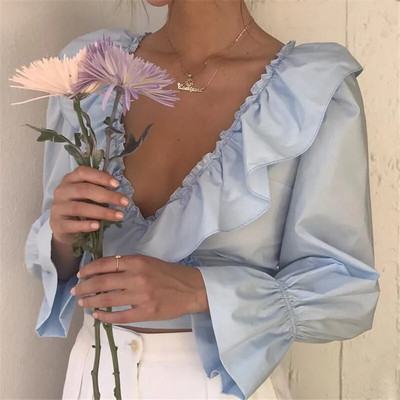 Suures suuruses naiste särk Sweet Girl Frilry Ruffles Crop Top Naiste V-kaelusega pikkade varrukatega pluus Ühevärviline lainetavate varrukatega särk 3 värvi