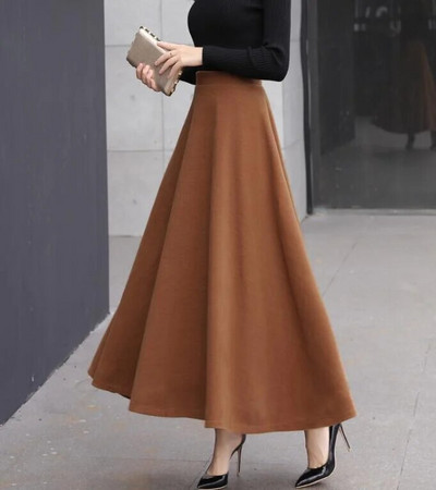 Plus Size XS-3XL Fusta lungă de lână Maxi pentru femei, primăvară, toamnă, iarnă, ocazional, epocă, lungime, fustă elastică cu talie înaltă