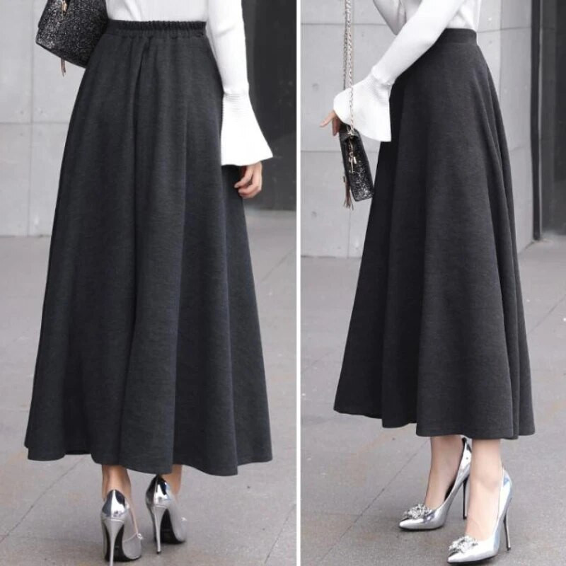 Plus Size XS-3XL Fusta lungă de lână Maxi pentru femei, primăvară, toamnă, iarnă, ocazional, epocă, lungime, fustă elastică cu talie înaltă