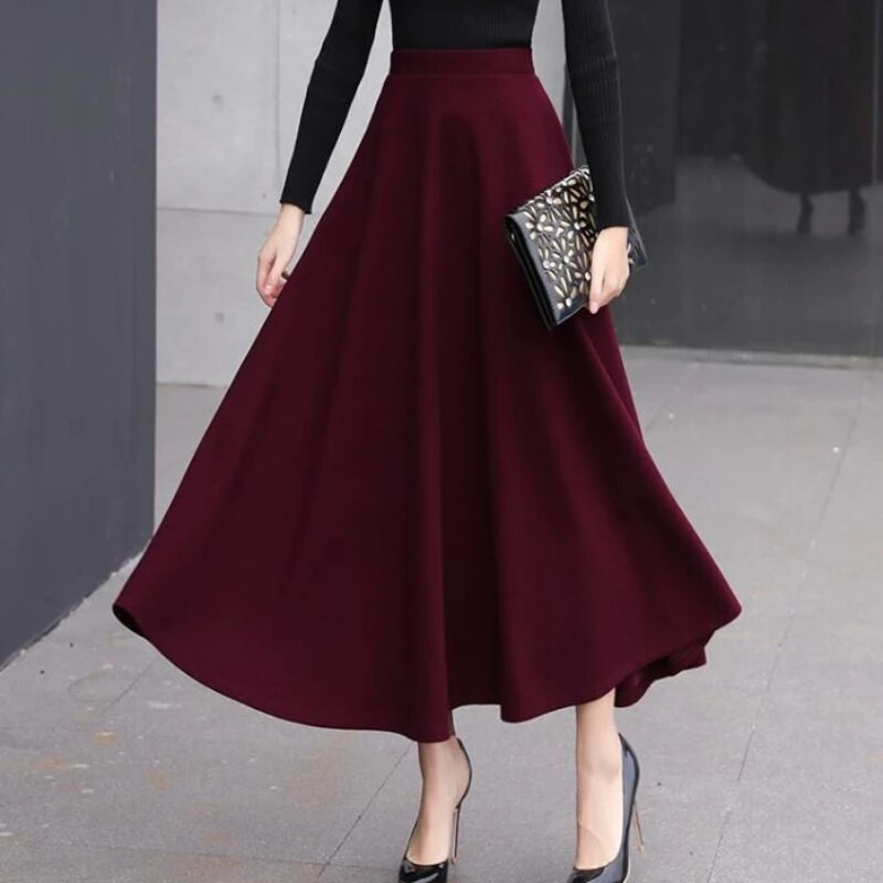 Plus Size XS-3XL Fusta lungă de lână Maxi pentru femei, primăvară, toamnă, iarnă, ocazional, epocă, lungime, fustă elastică cu talie înaltă