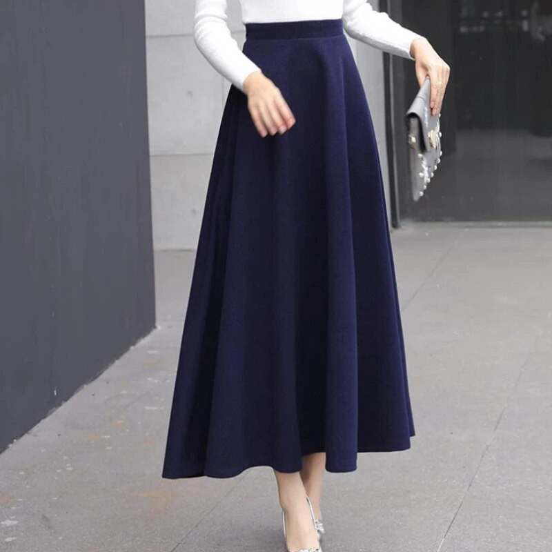 Plus Size XS-3XL Fusta lungă de lână Maxi pentru femei, primăvară, toamnă, iarnă, ocazional, epocă, lungime, fustă elastică cu talie înaltă