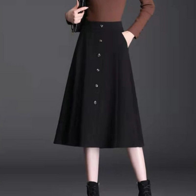 FairyShely 2023 Φθινόπωρο Χειμώνας Φούστα Γόνατο Ψηλόμεσο Plus Μέγεθος Γυναικεία Μάλλινη Ζεστή Φούστα Casual Τσέπη Γυναικεία Φούστα σε μονόχρωμη γραμμή