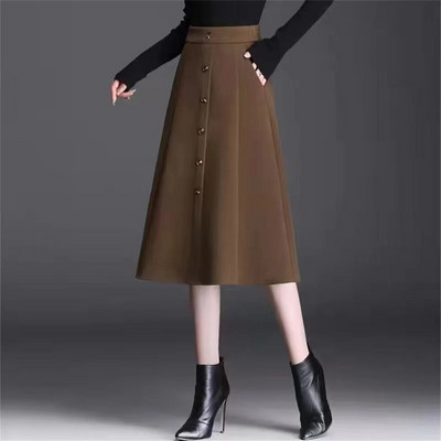 FairyShely 2023 Φθινόπωρο Χειμώνας Φούστα Γόνατο Ψηλόμεσο Plus Μέγεθος Γυναικεία Μάλλινη Ζεστή Φούστα Casual Τσέπη Γυναικεία Φούστα σε μονόχρωμη γραμμή