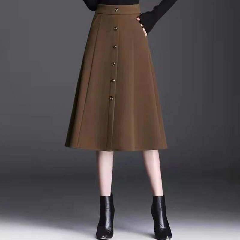 FairyShely 2023 Φθινόπωρο Χειμώνας Φούστα Γόνατο Ψηλόμεσο Plus Μέγεθος Γυναικεία Μάλλινη Ζεστή Φούστα Casual Τσέπη Γυναικεία Φούστα σε μονόχρωμη γραμμή