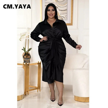 CM.YAYA Γυναικείο φόρεμα σε στυλ σατέν μακρυμάνικο, μονόστομο με φύλλα